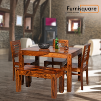Wooden Dining Table 4 Seater Set with Bench for Dining Room