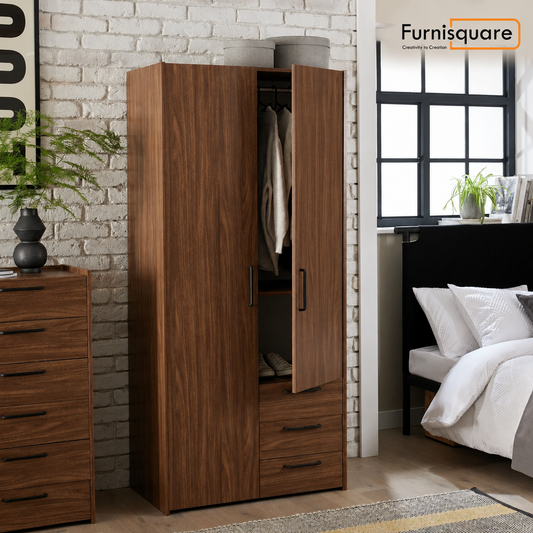 Solid Wood Wardrobe with Drawer Storage for Bedroom in Walnut Finish