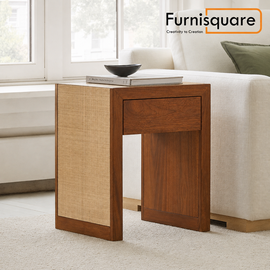 Solid Wood Side Table with Raffia and Drawer