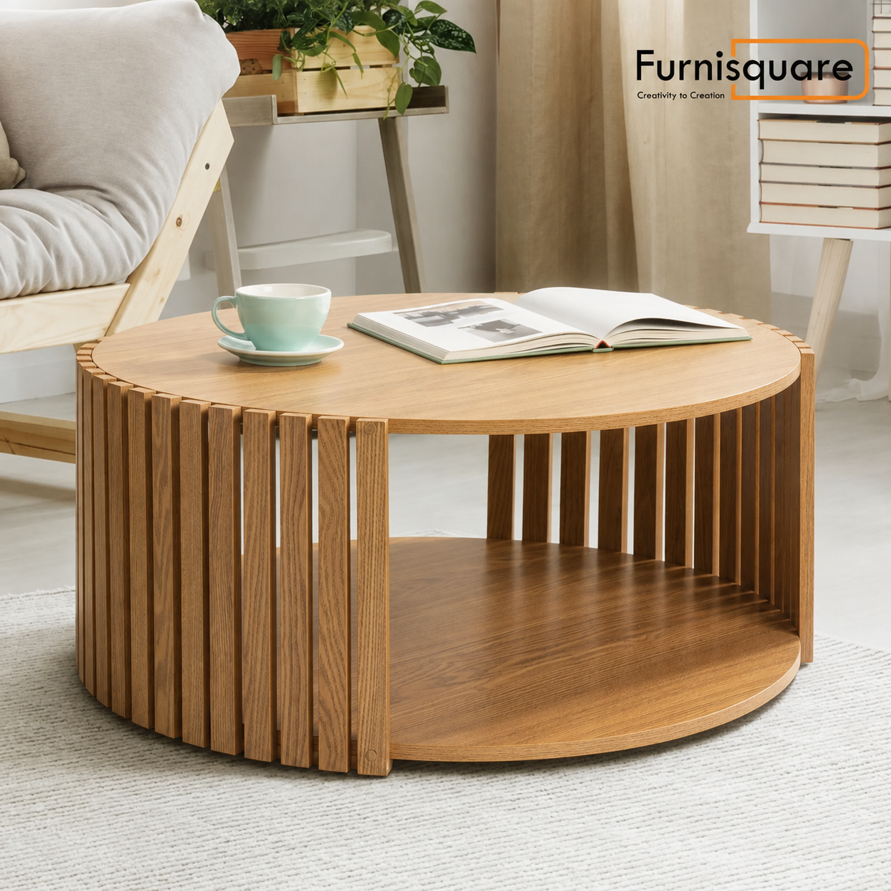 Solid Wood Round Coffee Table for Living Room