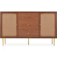 Solid Wood Rattan Sideboard Cabinet for Living Room in Walnut Finish