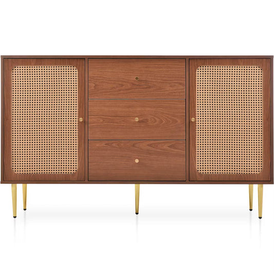 Solid Wood Rattan Sideboard Cabinet for Living Room in Walnut Finish