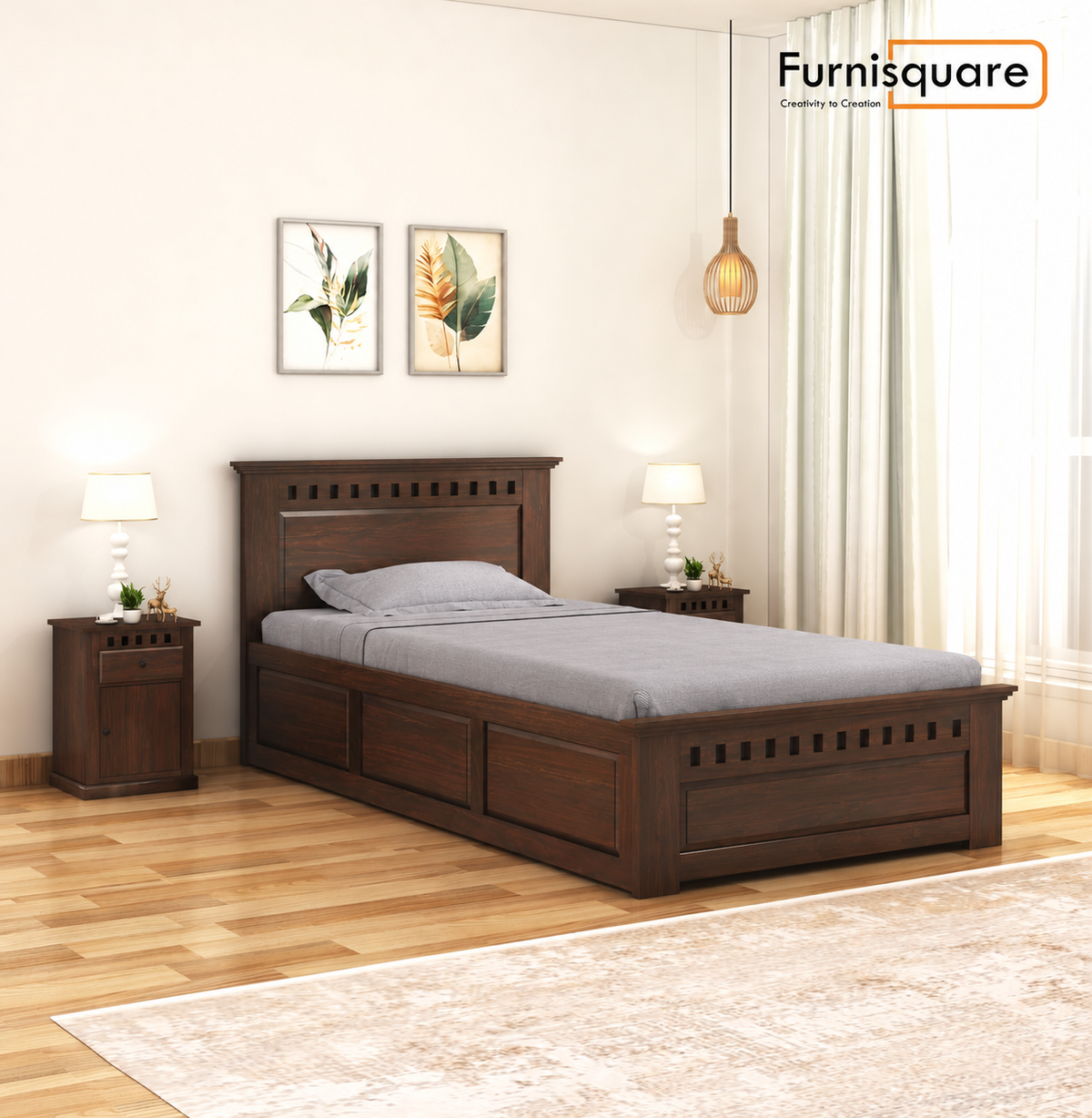 Solid Sheesham Wood Single Bed  with Storage  for Bedroom Home Furniture