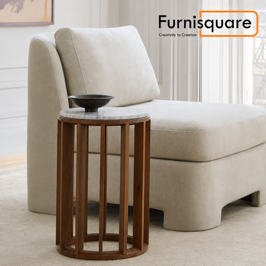 Wooden Round Side Table with Marble Top