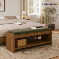 Wooden Bedroom Bench with Upholstered Seat & Storage Shelf