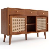 Wooden Sideboard with Rattan Sliding Doors & Drawers