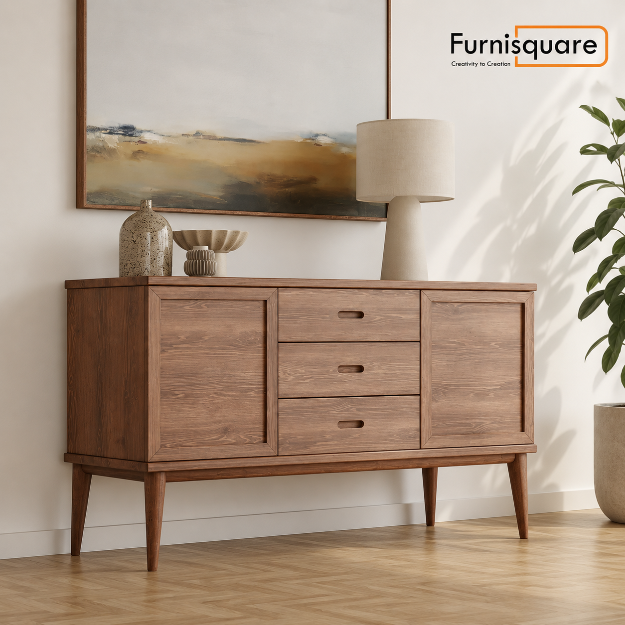 Solid Wood Sideboard with Integrated Pulls & Tapered Legs