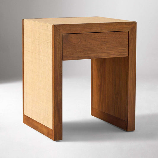 Solid Wood Side Table with Raffia and Drawer