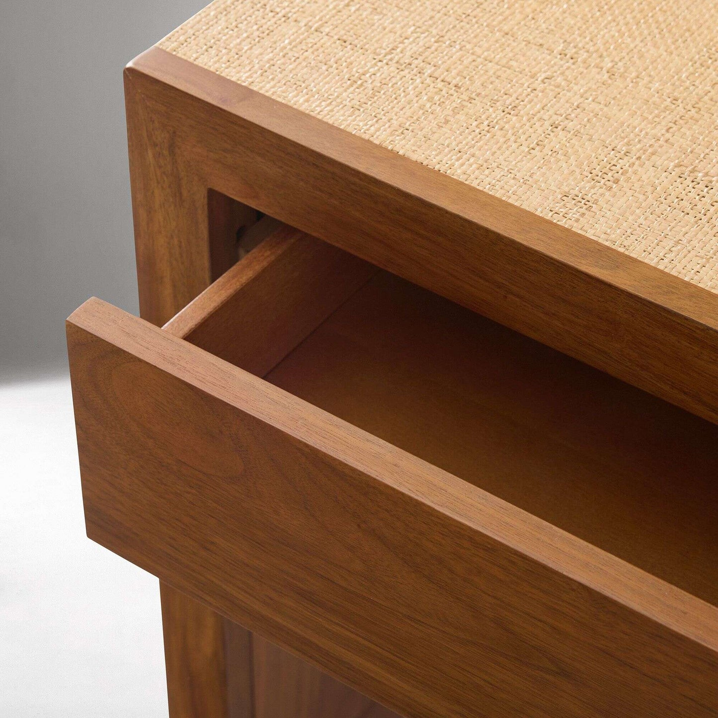 Solid Wood Side Table with Raffia and Drawer