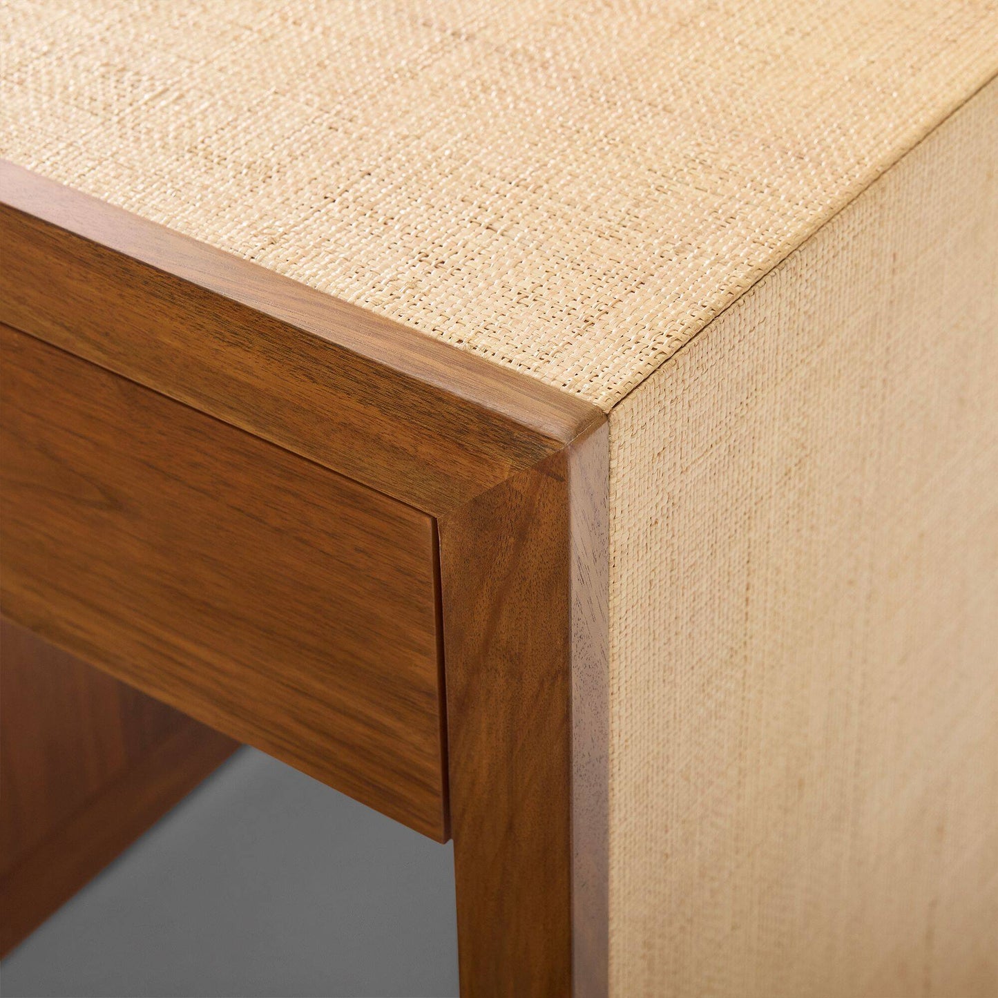Solid Wood Side Table with Raffia and Drawer