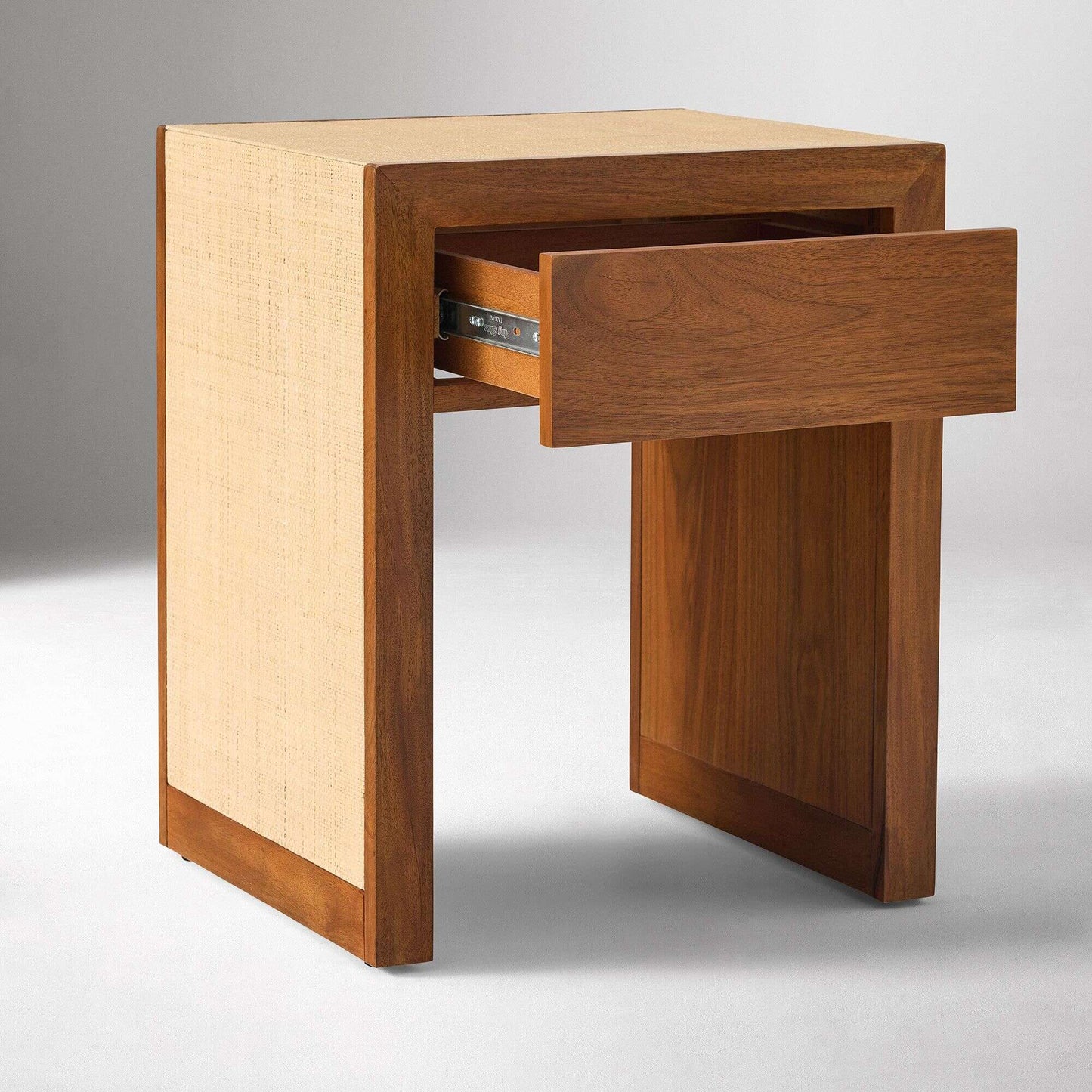 Solid Wood Side Table with Raffia and Drawer