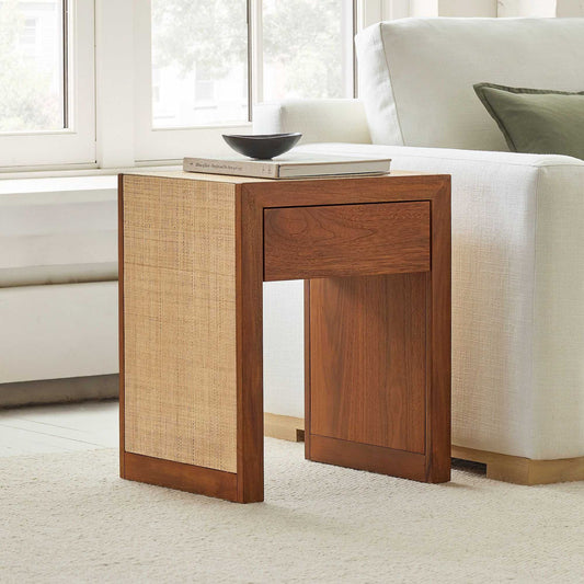 Solid Wood Side Table with Raffia and Drawer