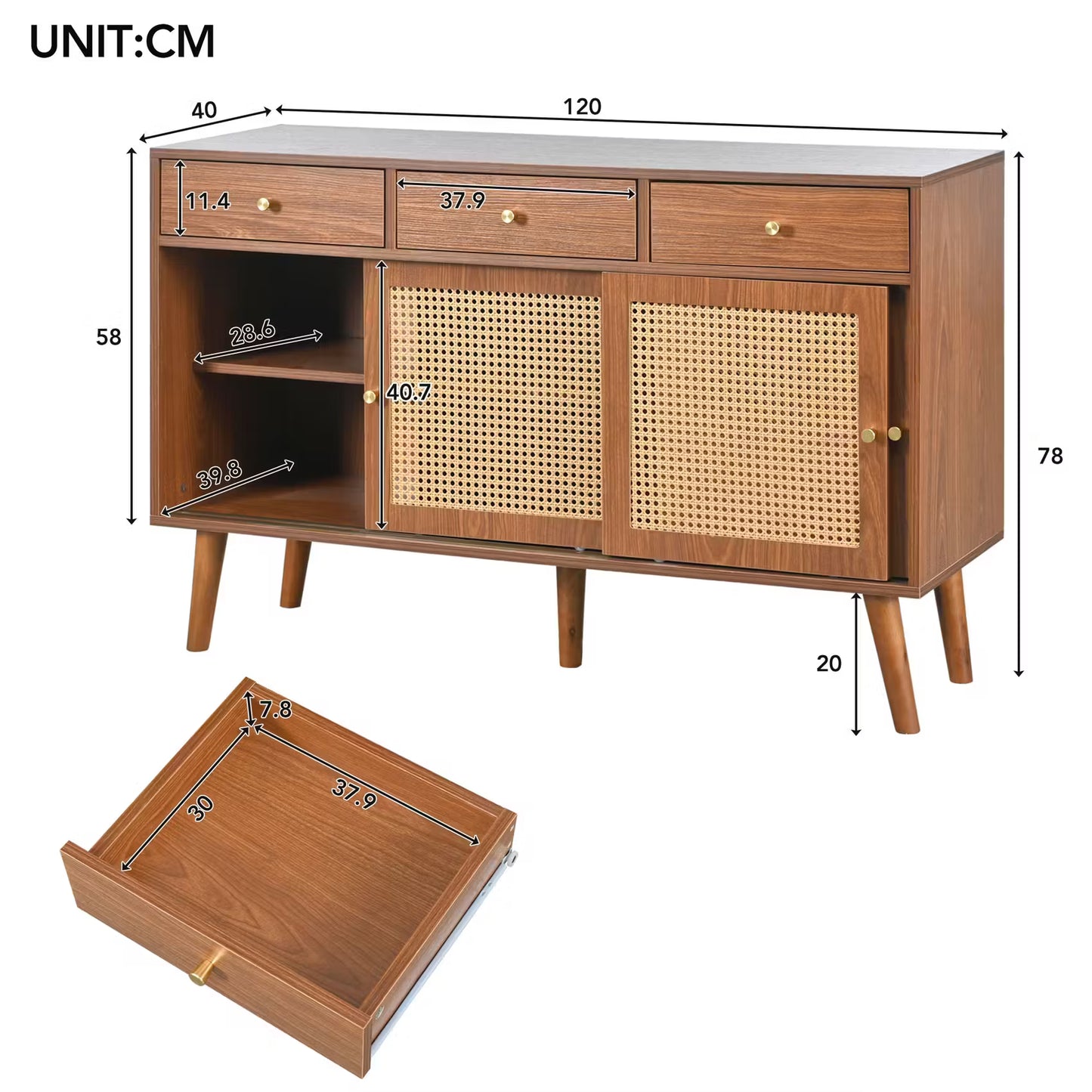 Wooden Sideboard with Rattan Sliding Doors & Drawers