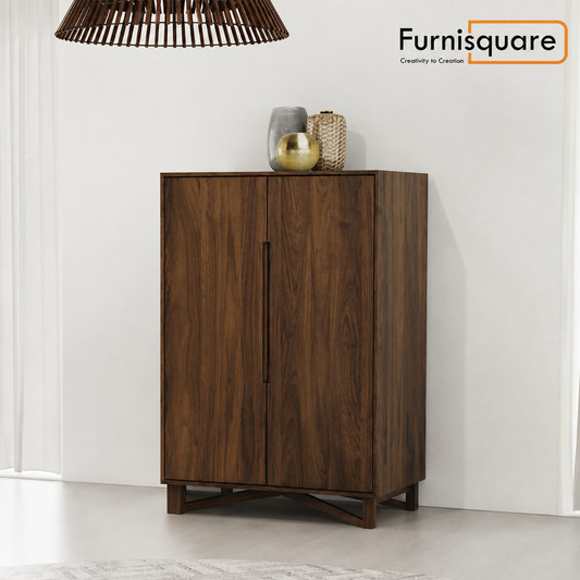 Wooden Bar Cabinet for Wine Bottle and Glass Storage in Walnut Finish