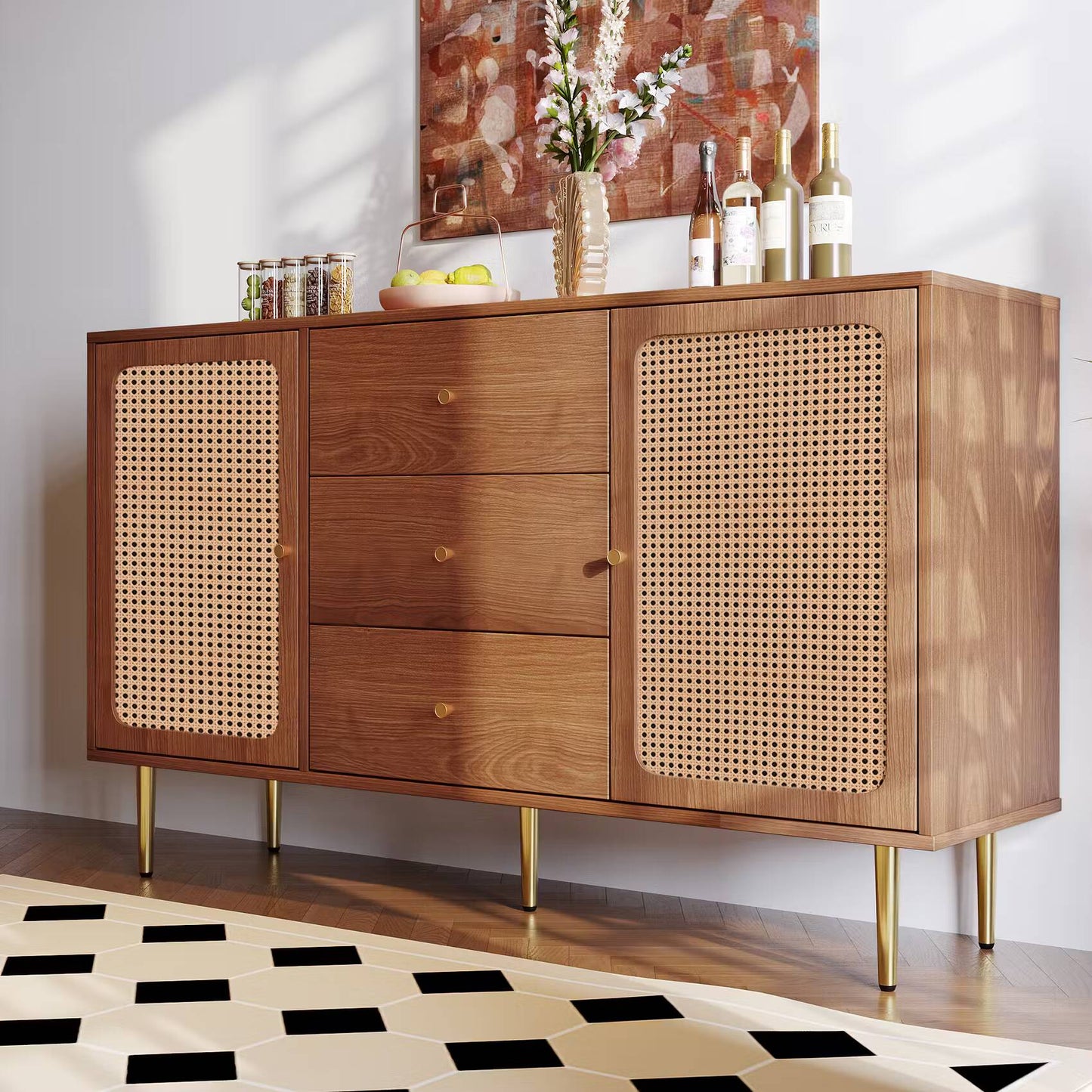 Solid Wood Rattan Sideboard Cabinet for Living Room in Walnut Finish