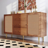 Solid Wood Rattan Sideboard Cabinet for Living Room in Walnut Finish