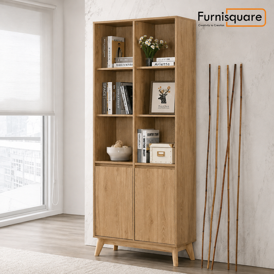 Solid Wood Bookshelf for Living Storage in Natural Finish