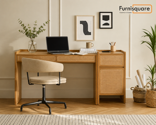 Wooden Study Table with Storage in Rattan Design