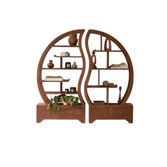 Wooden Round Bookshelf for Living Storage in Walnut Finish