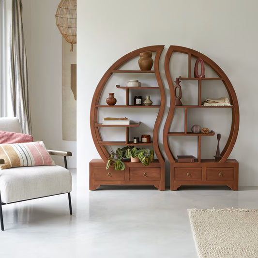 Wooden Round Bookshelf for Living Storage in Walnut Finish