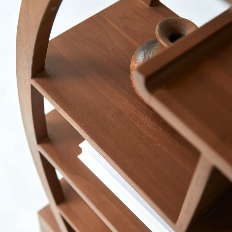 Wooden Round Bookshelf for Living Storage in Walnut Finish