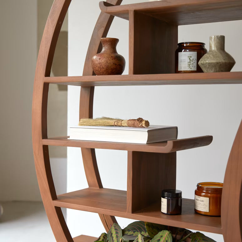 Wooden Round Bookshelf for Living Storage in Walnut Finish