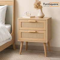 Wooden Bedside Table with Rattan Drawer Storage for Bedroom