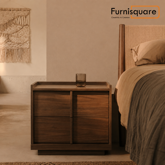 Solid Wood Bedside Table with 4 Drawers in Walnut Finish