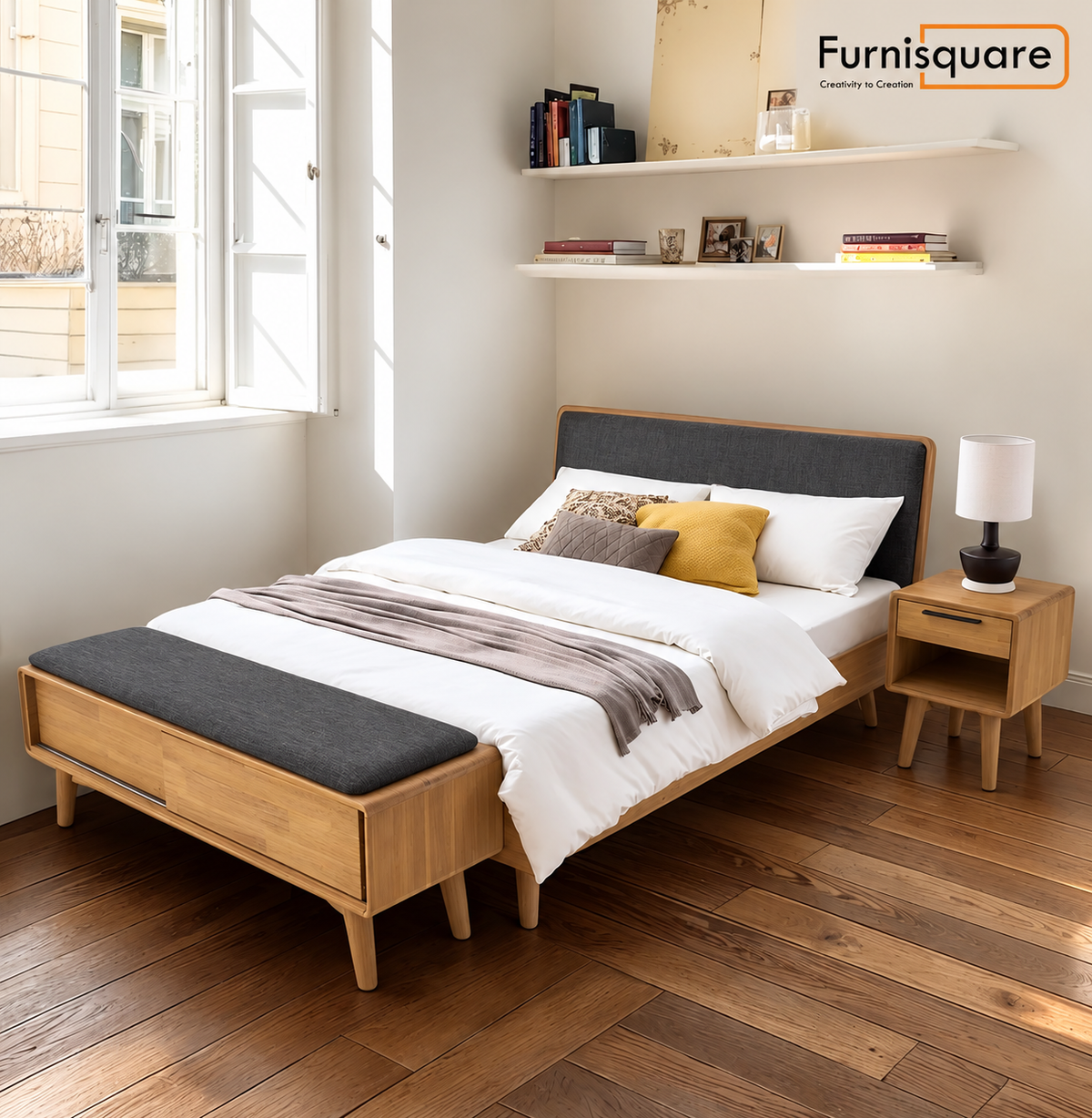 Wooden Diwan Bed with Upholstered Headboard