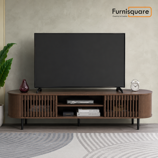 Solid Wood TV Cabinet for Entertainment Space in Walnut Finish