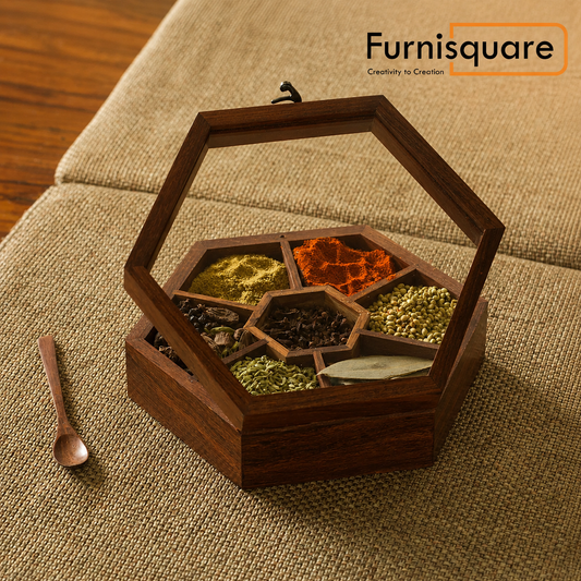 Sheesham Wood Hexagonal Spice Box With Spoon