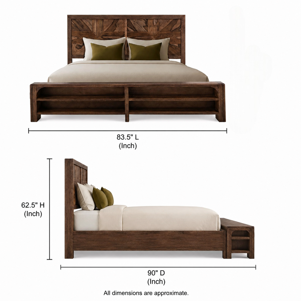 Solid Wood King Bed with Storage Bench in Rustic Teak Finish