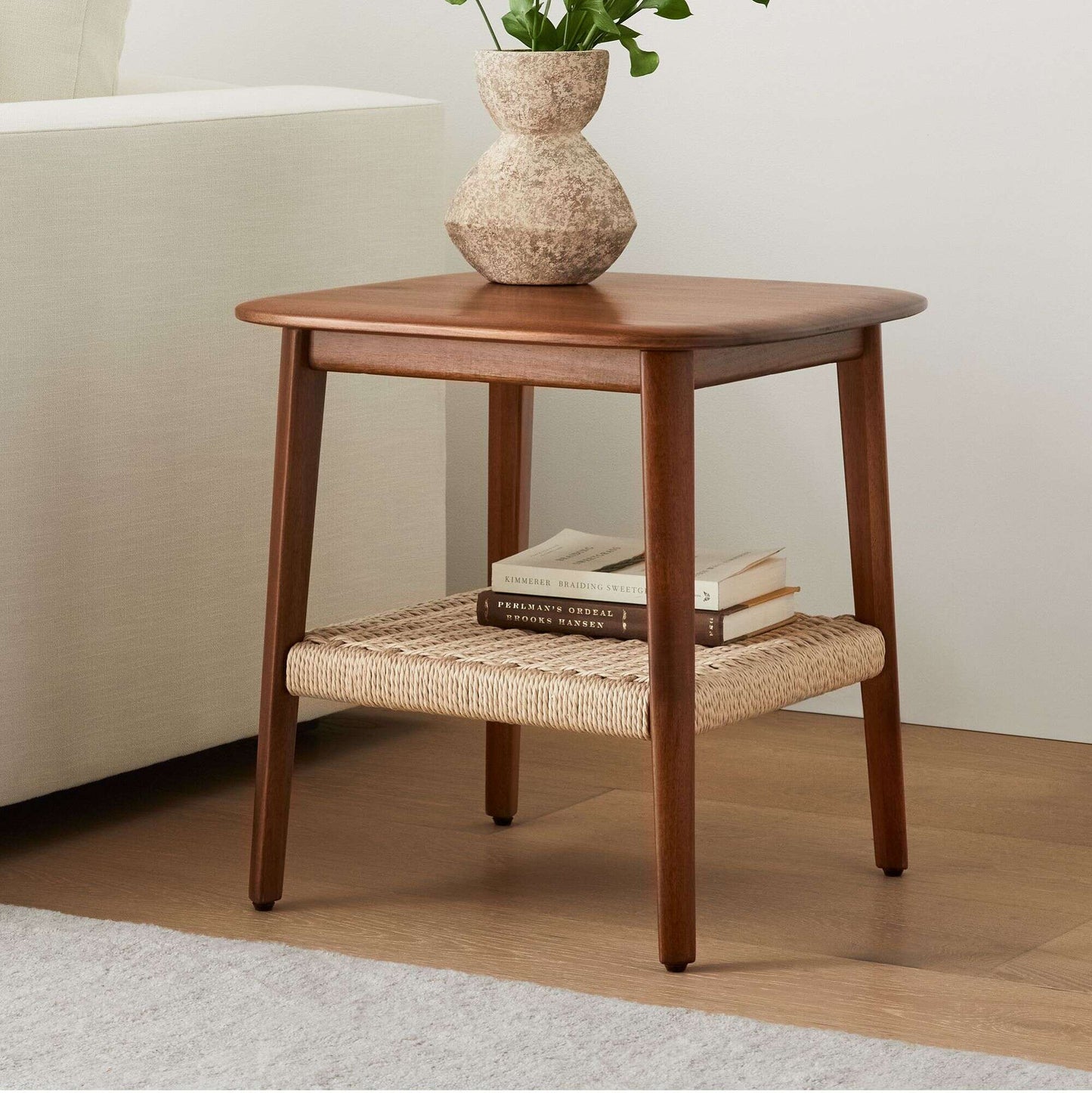 Solid Wood Side Table with Woven Shelf