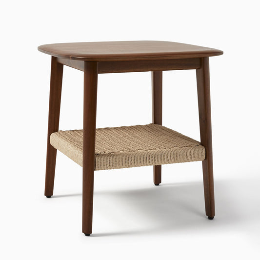 Solid Wood Side Table with Woven Shelf