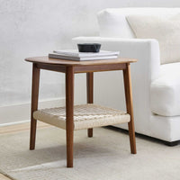 Solid Wood Side Table with Woven Shelf