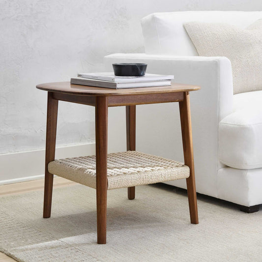Solid Wood Side Table with Woven Shelf