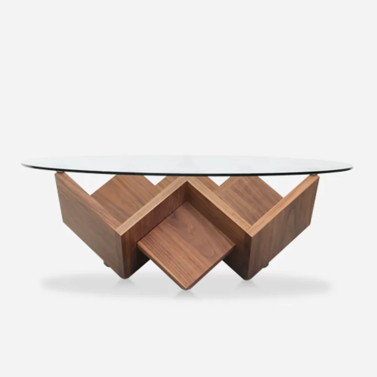Solid Wood Round Glass Coffee Table with Geometric Wood Base