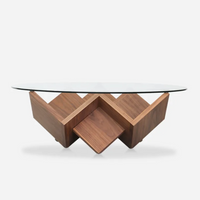 Solid Wood Round Glass Coffee Table with Geometric Wood Base