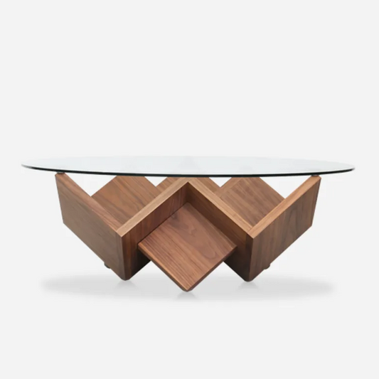 Solid Wood Round Glass Coffee Table with Geometric Wood Base