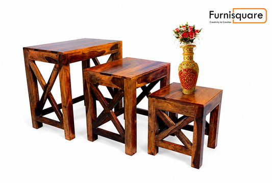 Wooden Nesting Tables Set of 3 Stools for Decor