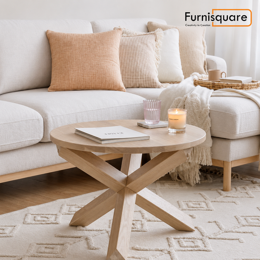 Wooden Round Coffee Table with Geometric Pedestal Base