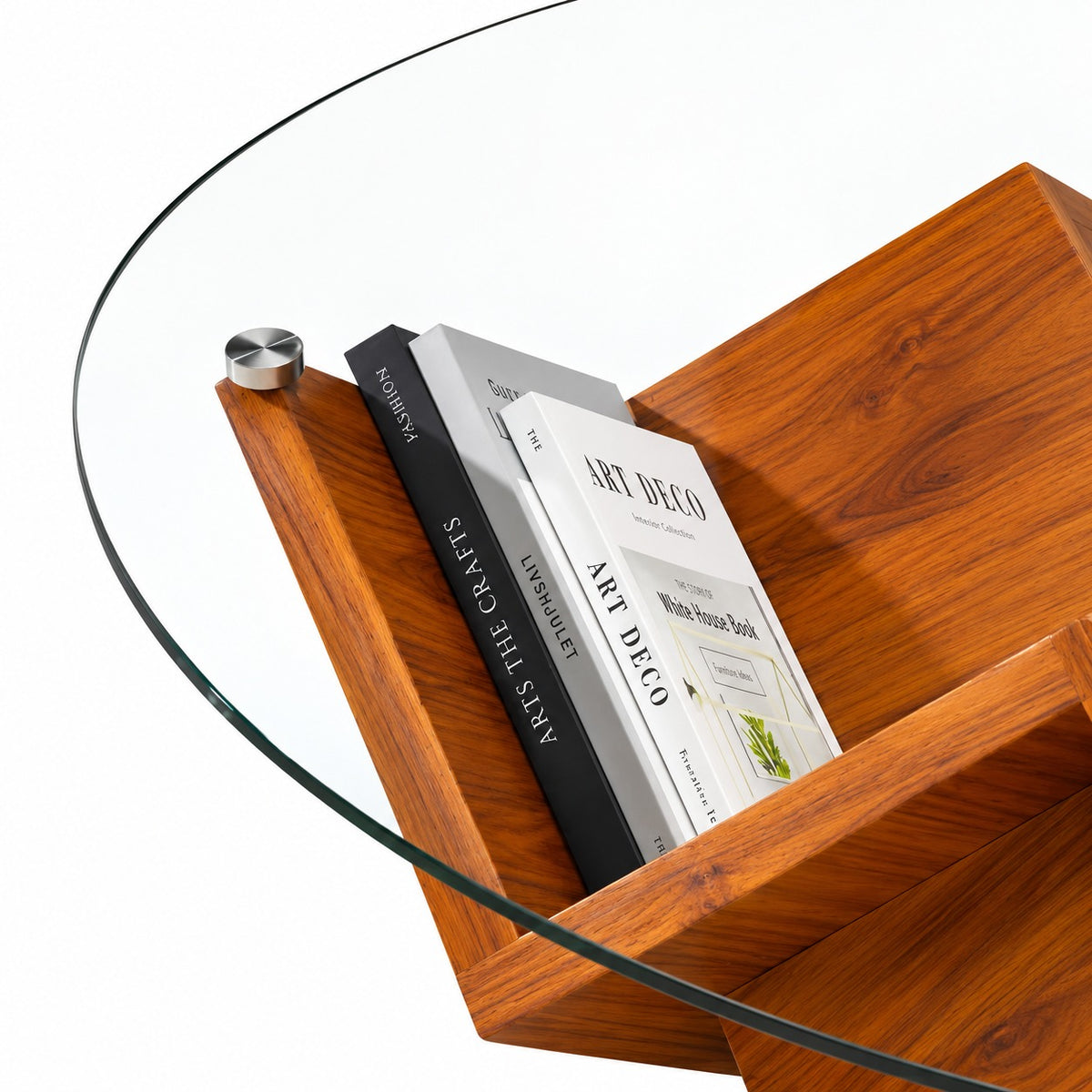 Solid Wood Round Glass Coffee Table with Geometric Wood Base