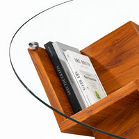 Solid Wood Round Glass Coffee Table with Geometric Wood Base