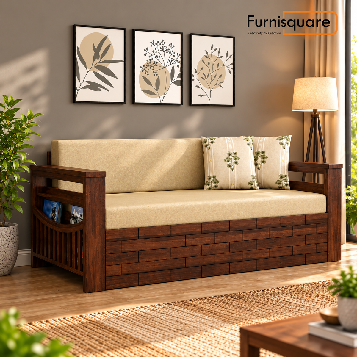 Wooden 3 Seater Sofa Cum Bed for Living Room
