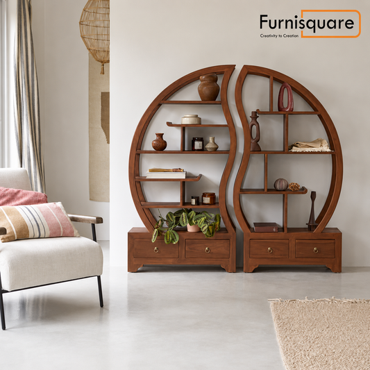 Wooden Round Bookshelf for Living Storage in Walnut Finish