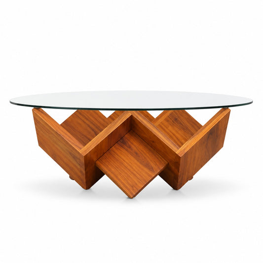 Solid Wood Round Glass Coffee Table with Geometric Wood Base