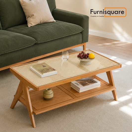 Wooden Coffee Table with Rattan Insert & Storage