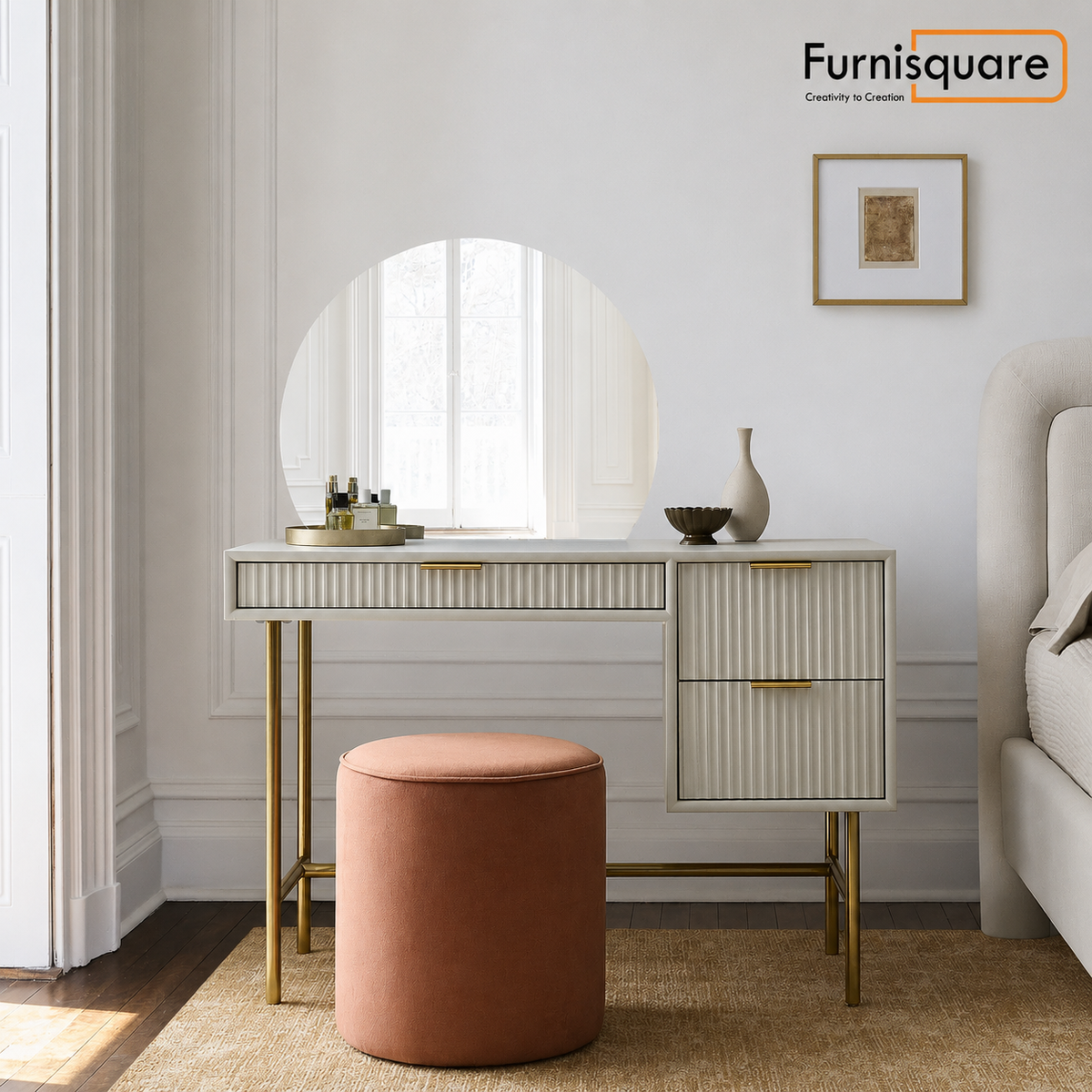 Wooden Dressing Table with Round Mirror