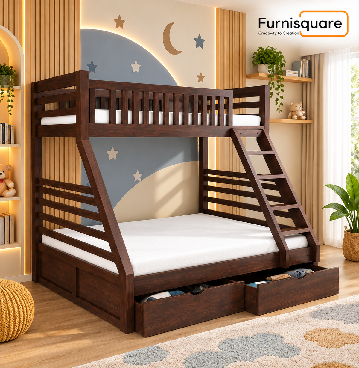 Solid Sheesham Wooden Bunk Bed with Storage Drawers