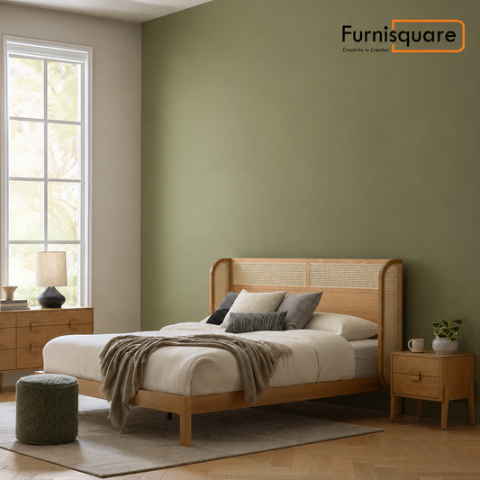 Wooden King Size Bed with Rattan Design for Bedroom